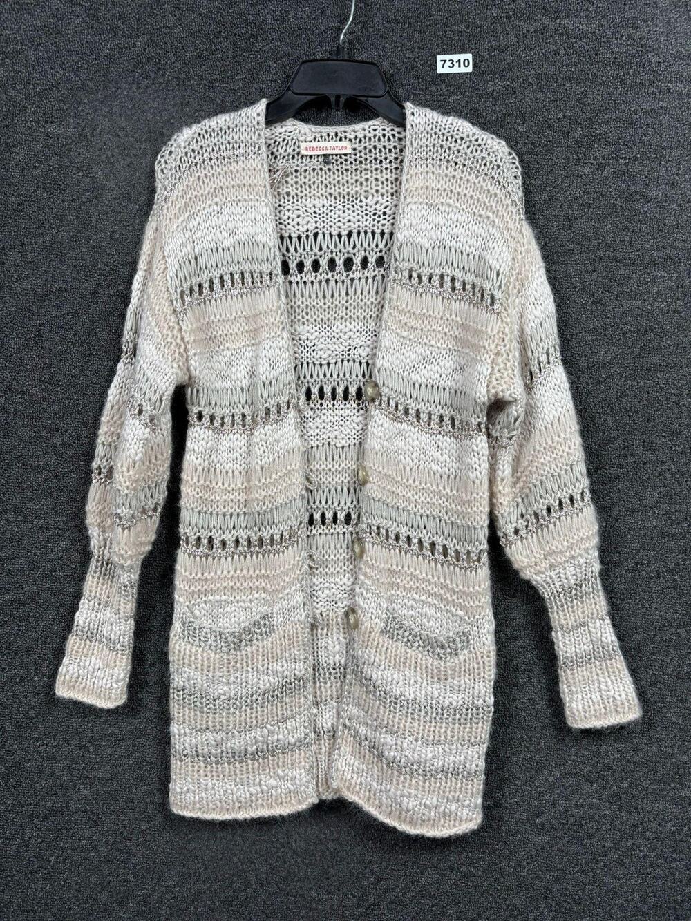 Rebecca Taylor Sweater Womens XS Beige Open Knit Button Cardigan Wool Blend